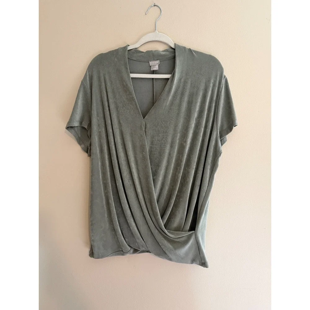 Chico's Womens Sage Green Draped Wrap Front Tunic Top V Neck Short Sleeve
